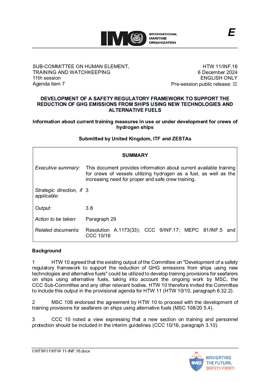 HTW 11-INF.16 - Information about current training measures in use or under development for crews of hydro... (United Kingdom, ITF and Z...)
