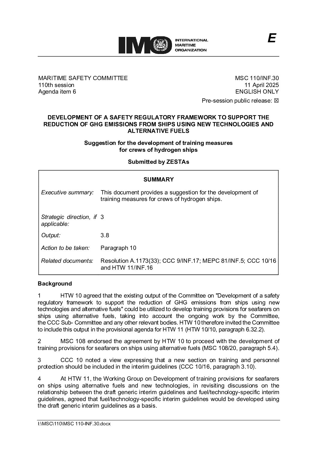MSC 110-INF.30 - Suggestion for the development of training measuresfor crews of hydrogen ships (ZESTAs)